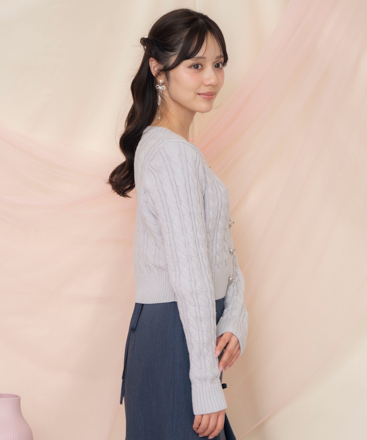 ビジューリボンケーブルカーディガン