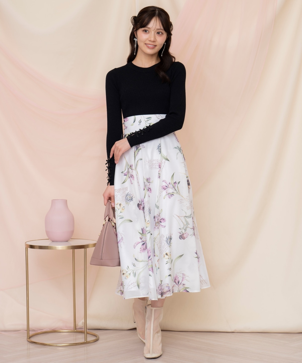 袖リボンボトルネックニット