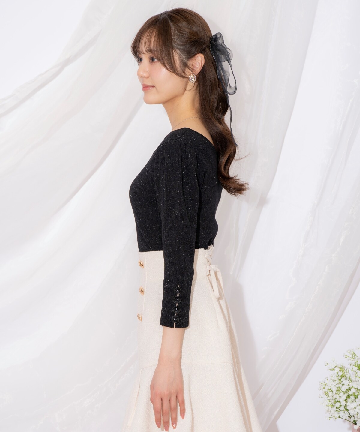 袖フラワーラメ7分袖ニットプルオーバー