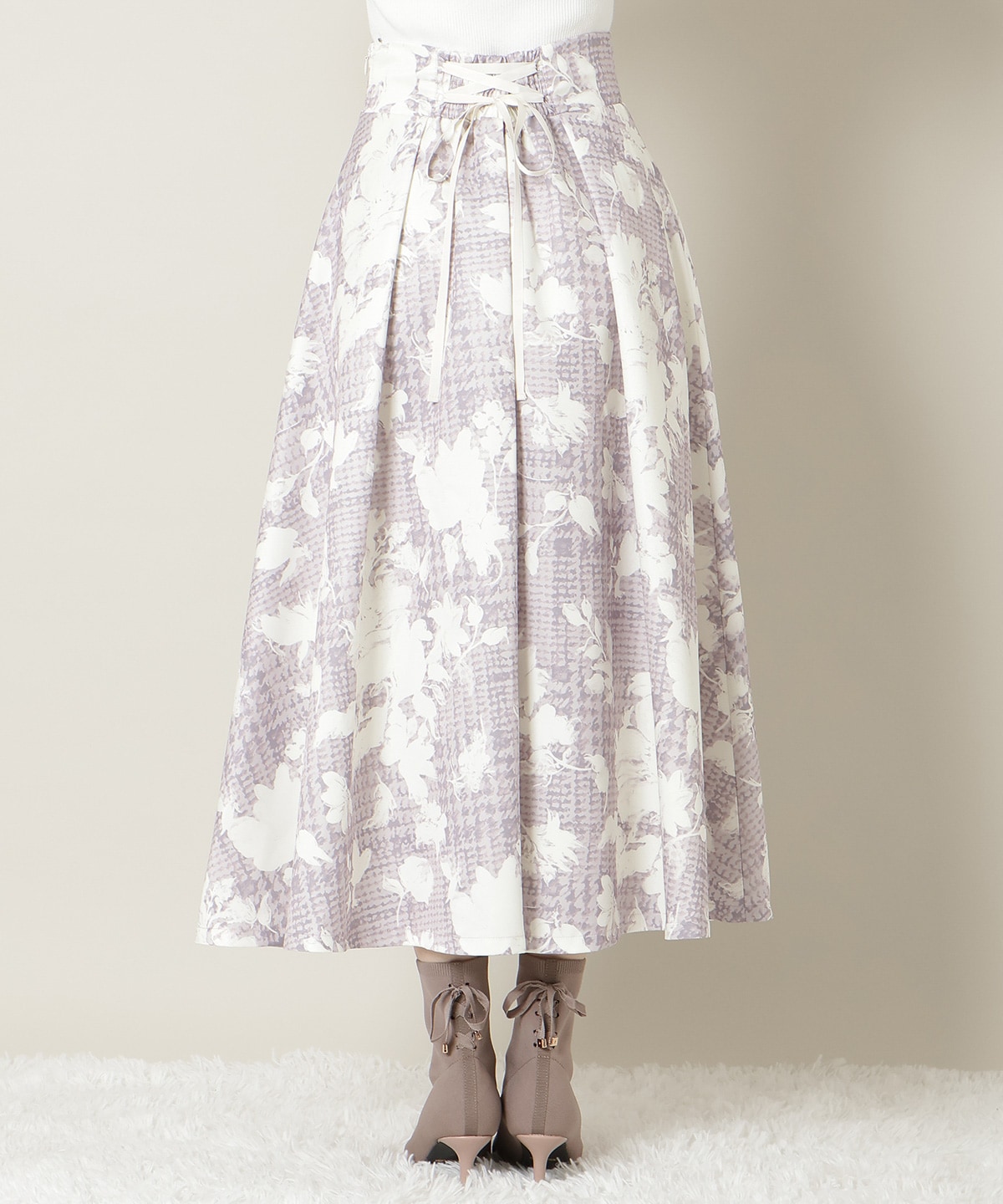 千鳥フラワープリントボリュームタックスカート