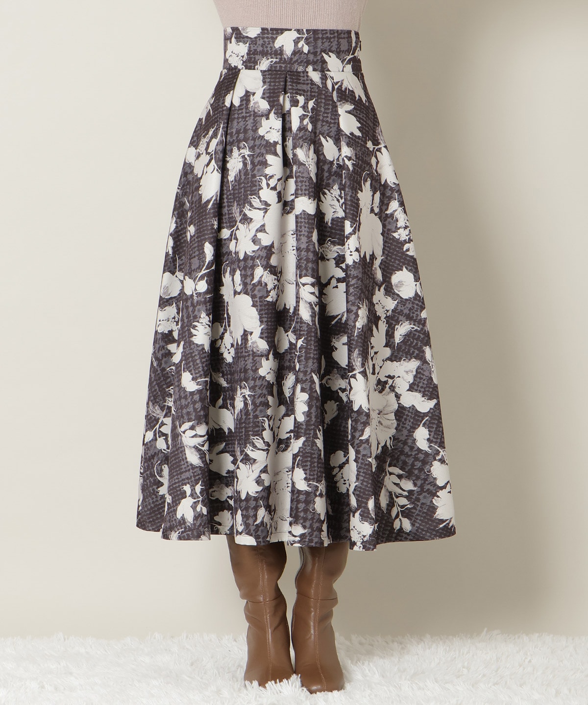 千鳥フラワープリントボリュームタックスカート