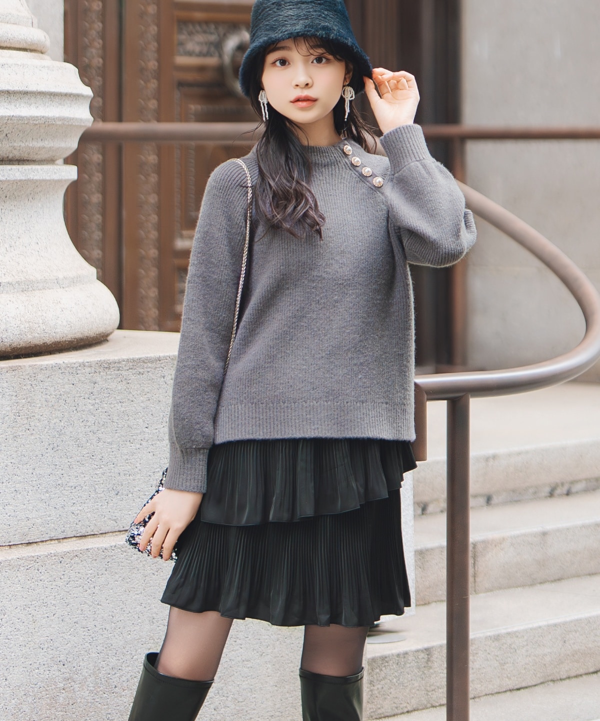 【KNIT PLEATS SET series】プリーツティアートミニスカート