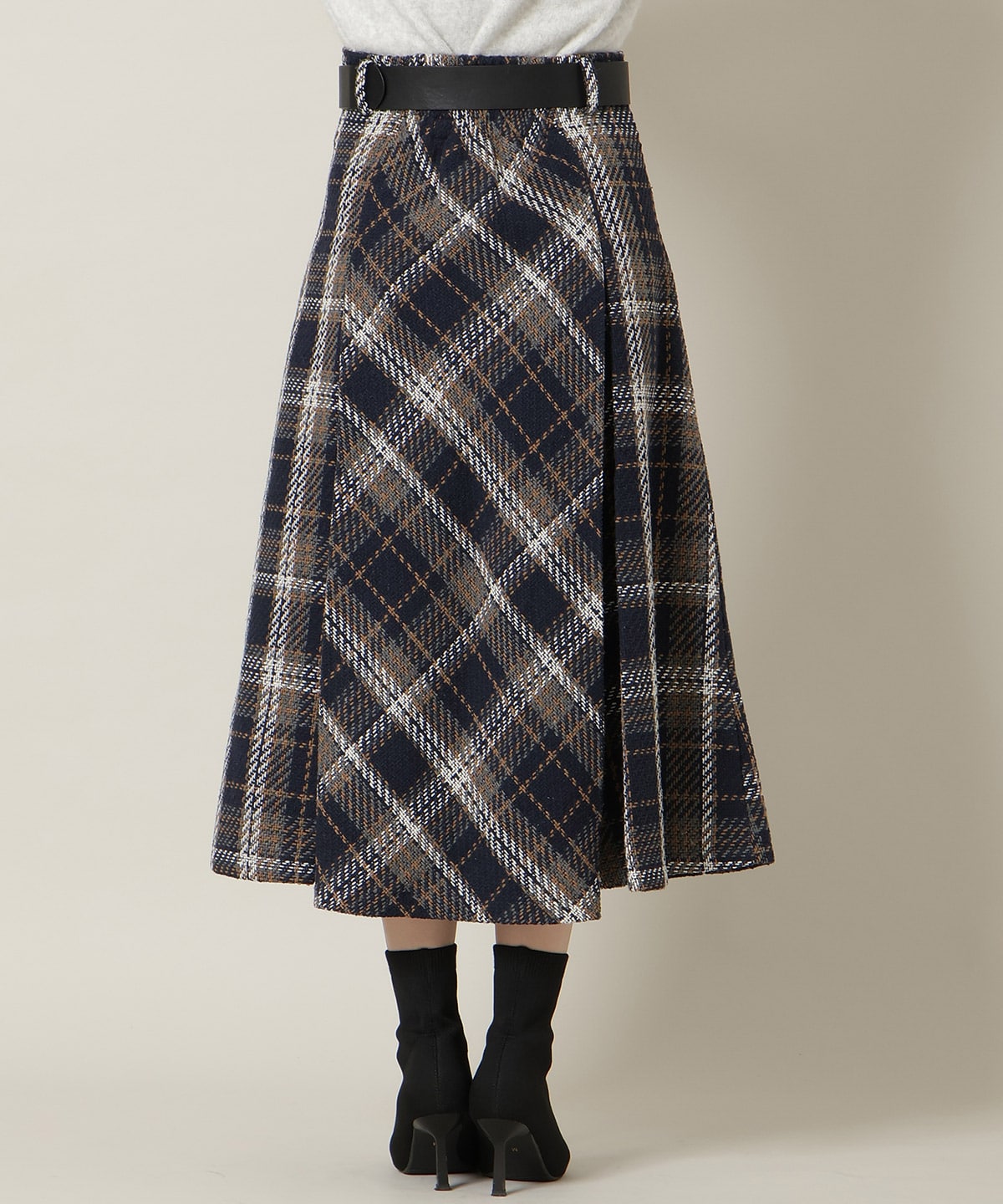 ベルト付きツイードミディ丈スカート