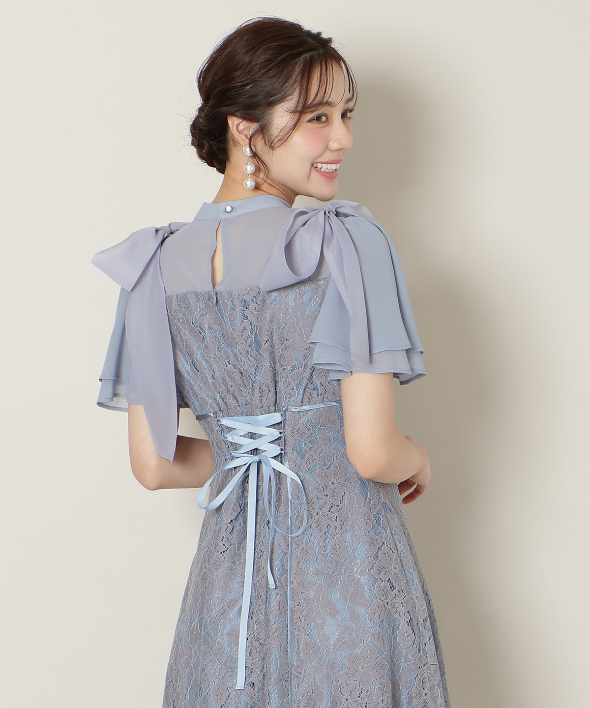 肩リボンパイピングレースワンピース