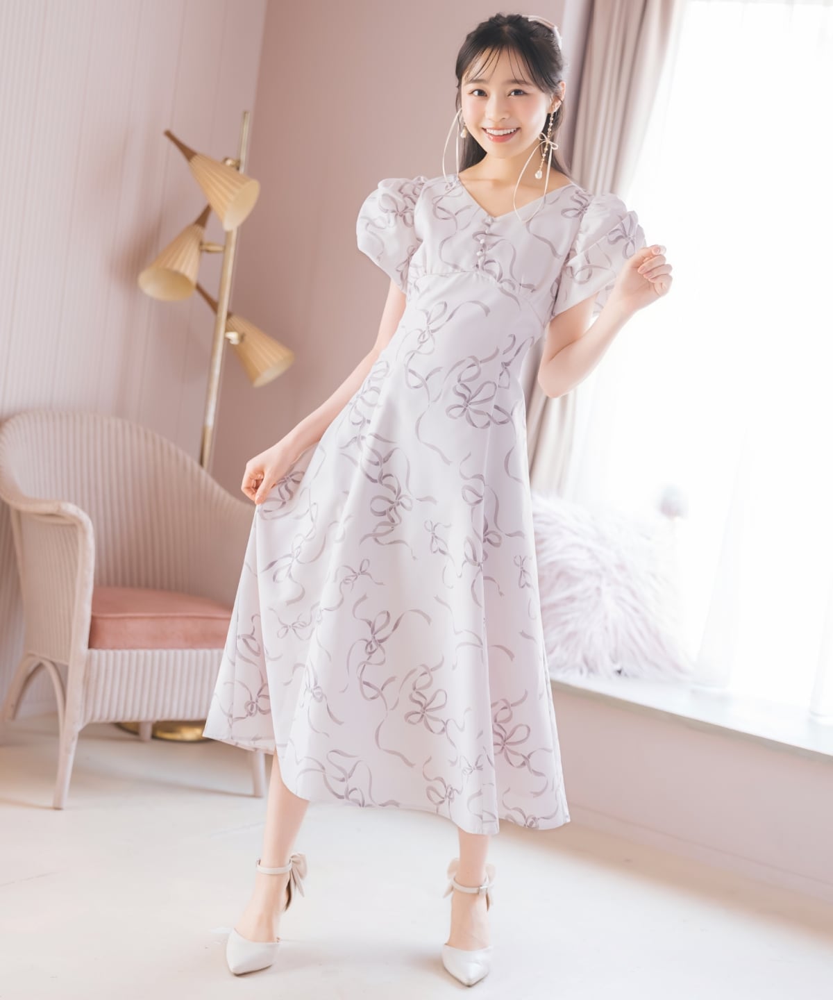 リボンプリントバブルスリーブフレアワンピース