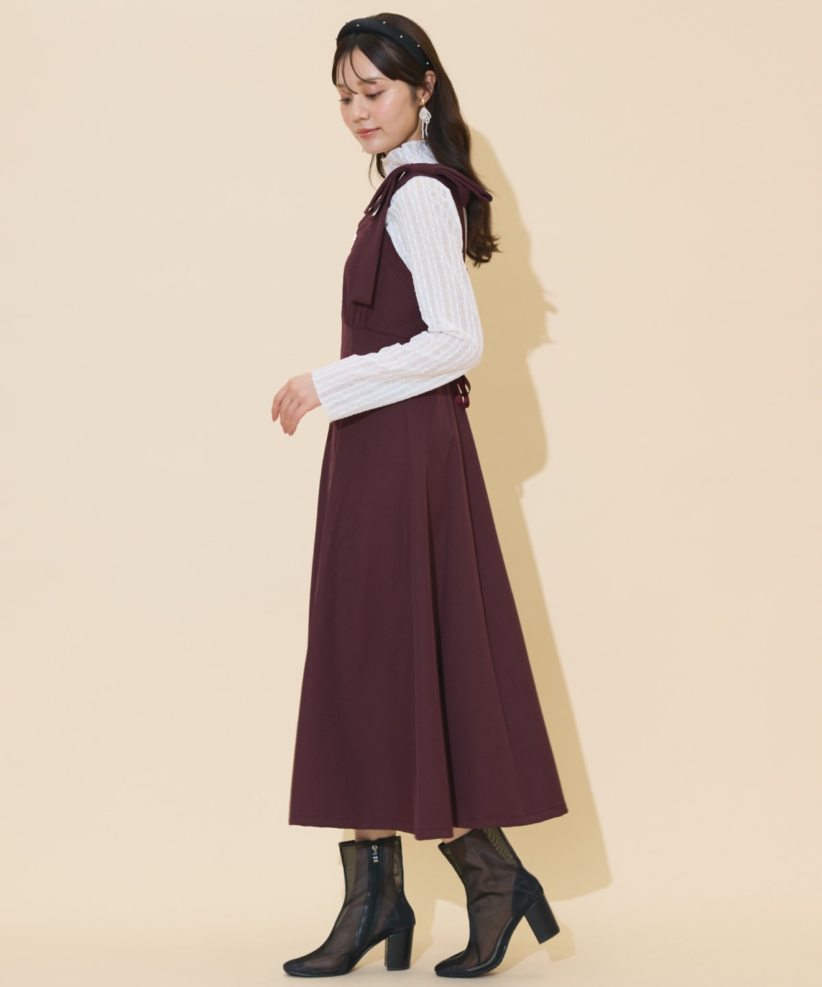 ショルダーリボンフロントZIPワンピース