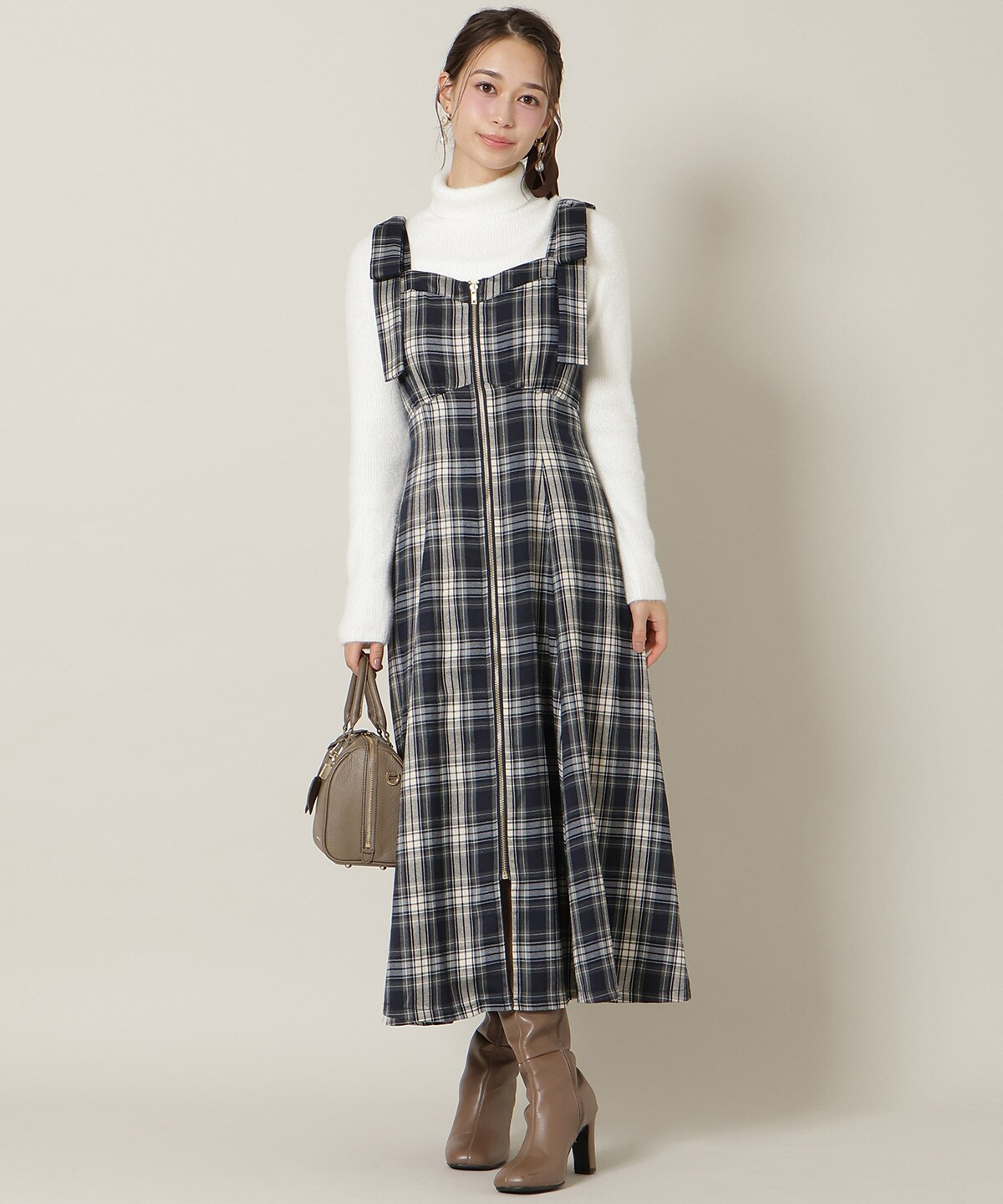 【新色追加】ショルダーリボンフロントZIPワンピース