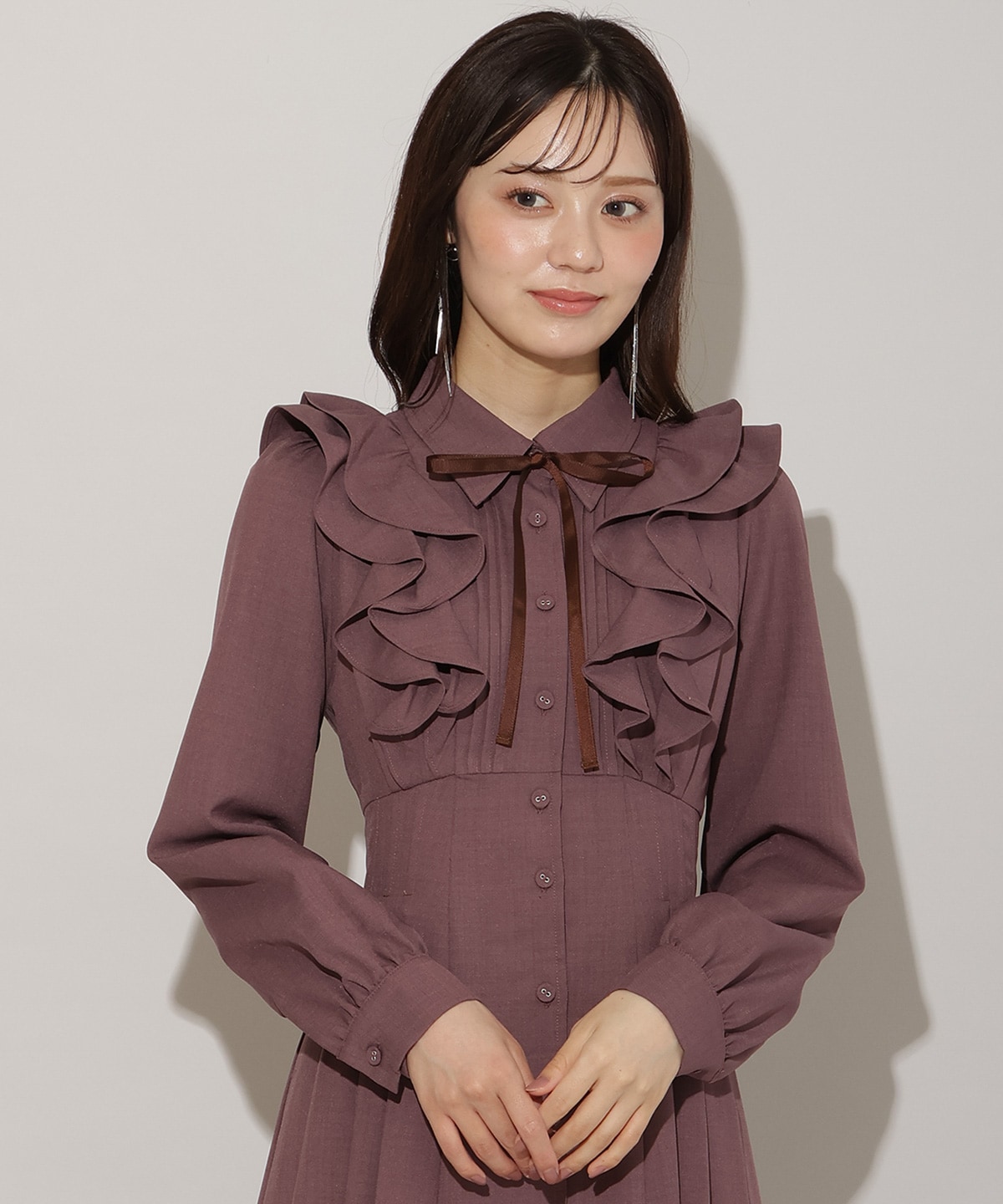 ナローリボンフリルシャツワンピース