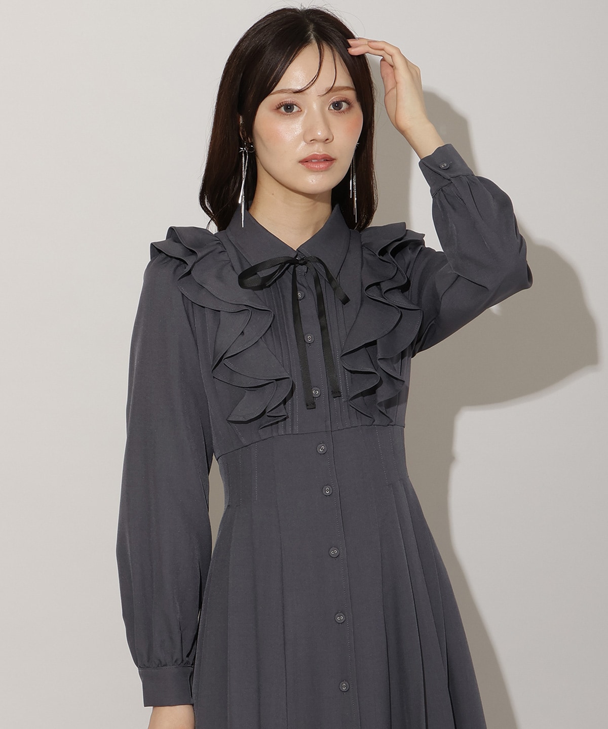 ナローリボンフリルシャツワンピース