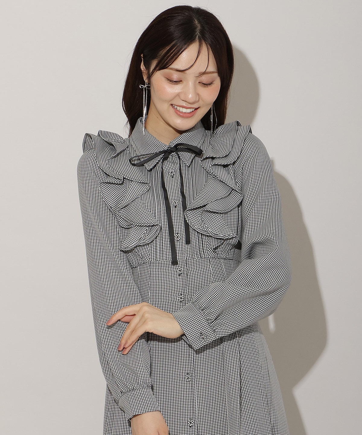 ナローリボンフリルシャツワンピース