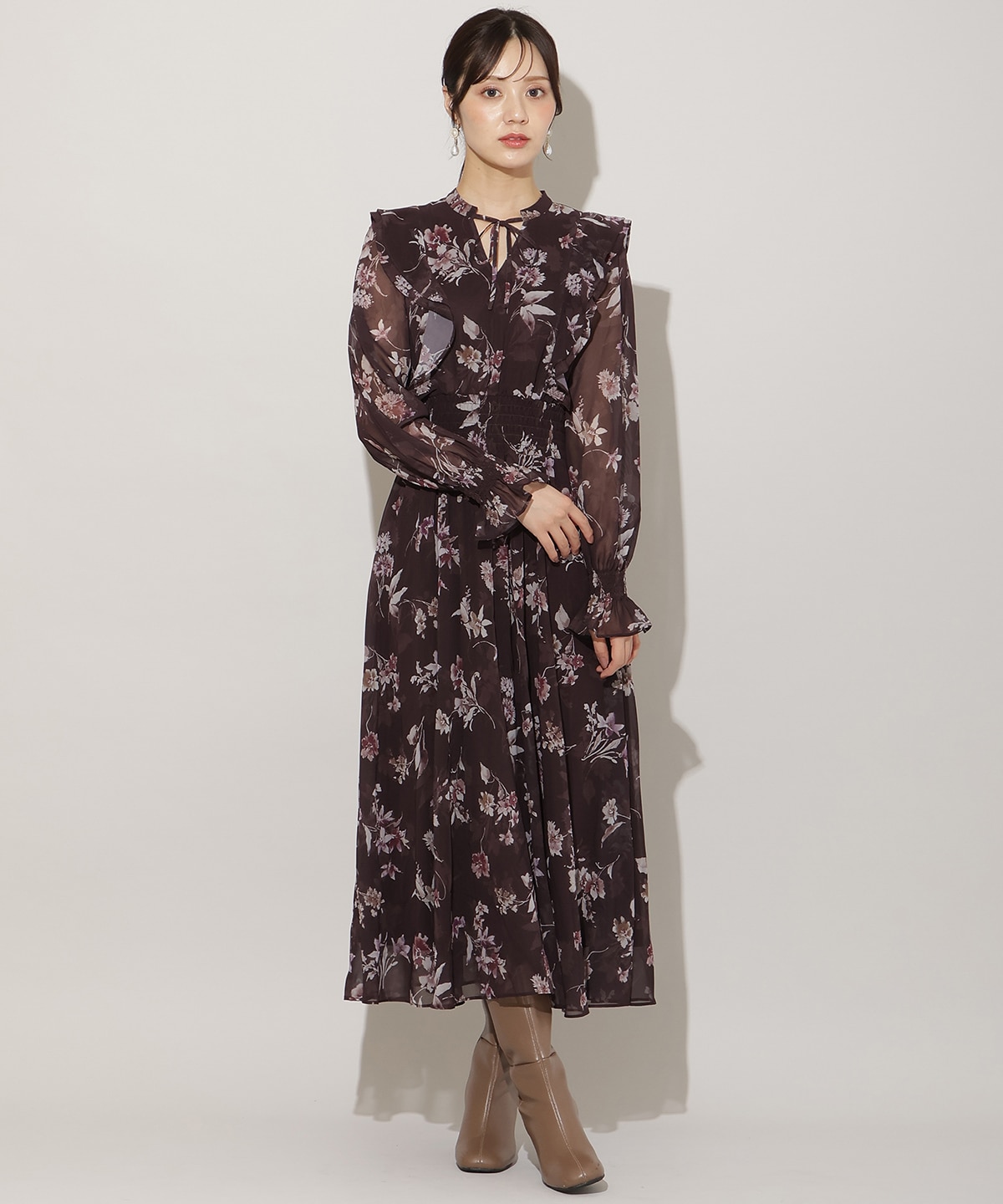 フラワープリントウエストシャーリングワンピース