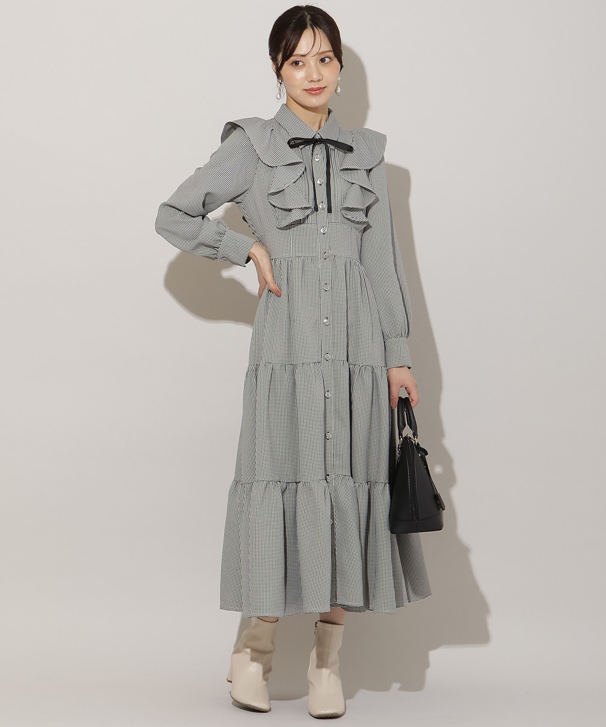 リボンタイティアードシャツワンピース