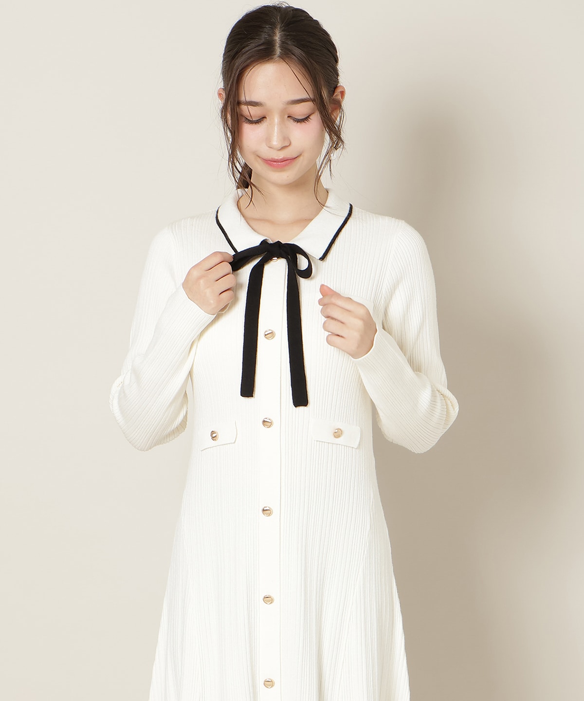 フロントボタンリボンタイニットワンピース