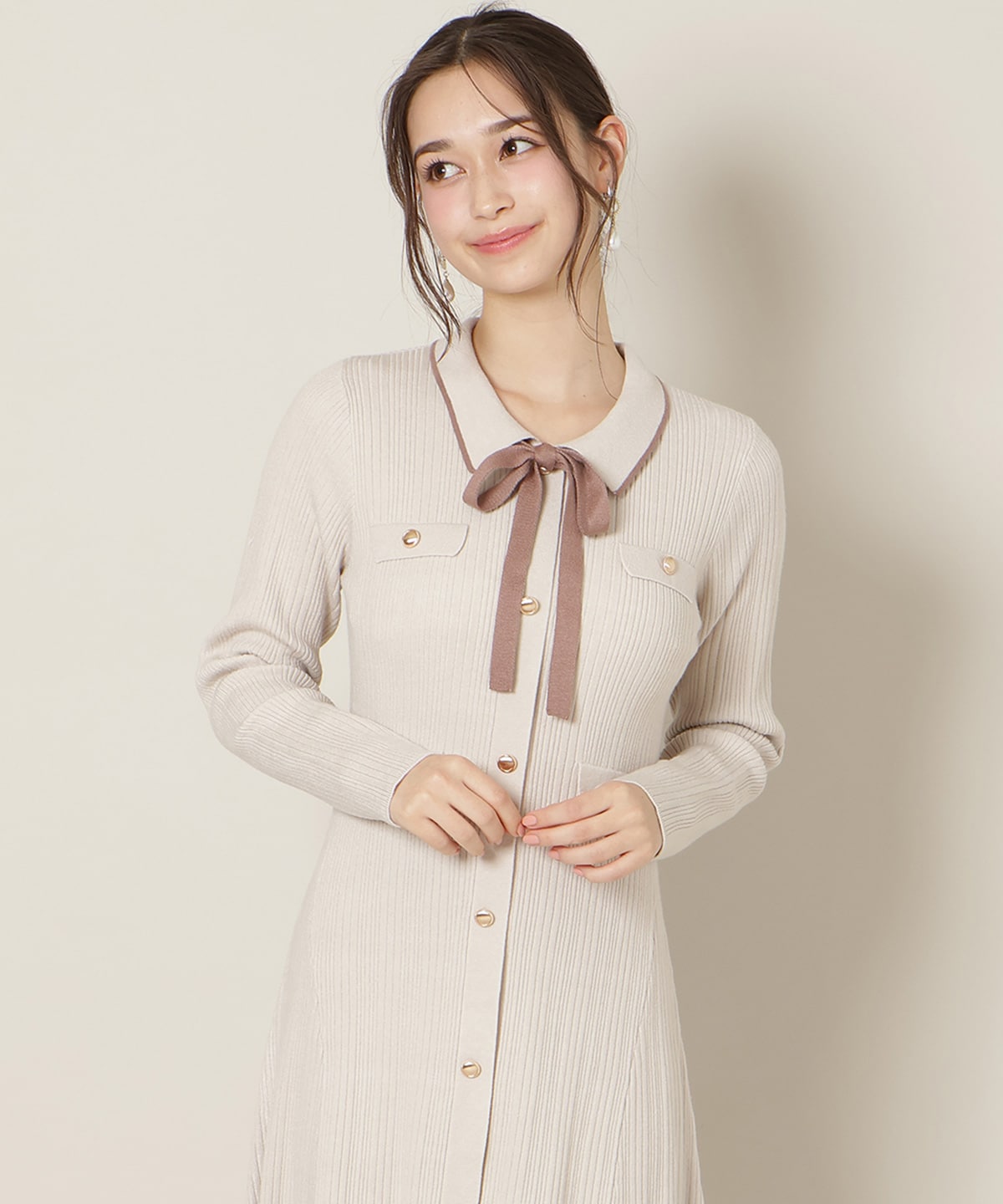 フロントボタンリボンタイニットワンピース