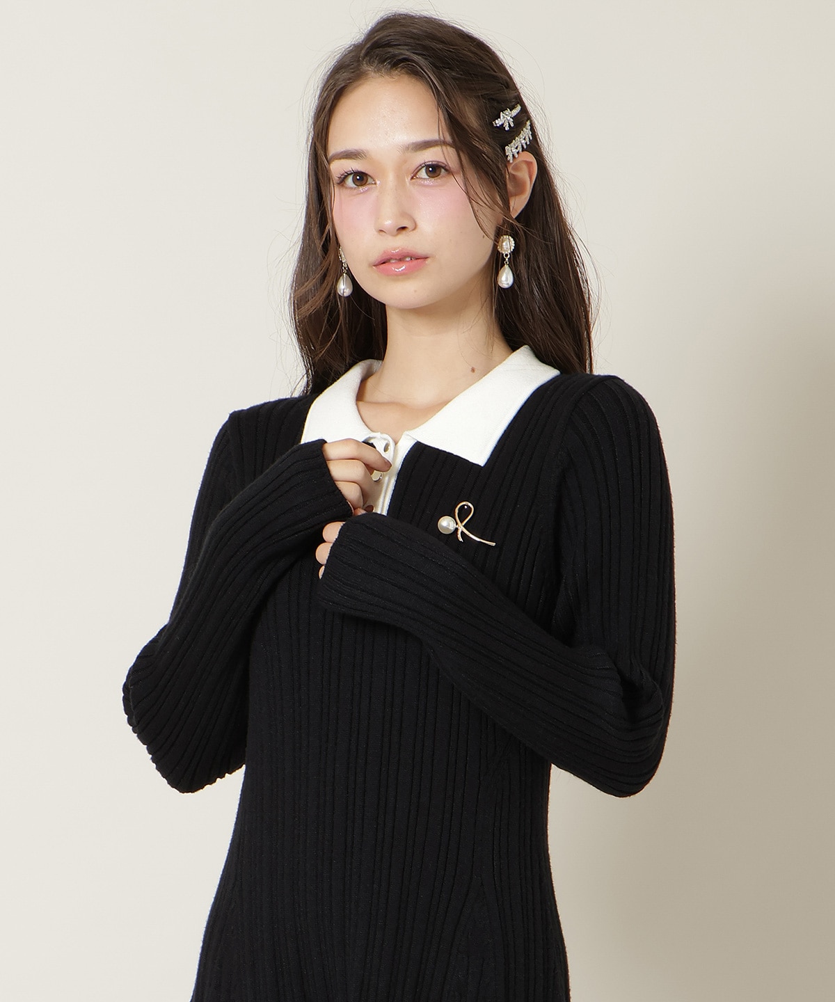 ポロカラーフレアニットワンピース