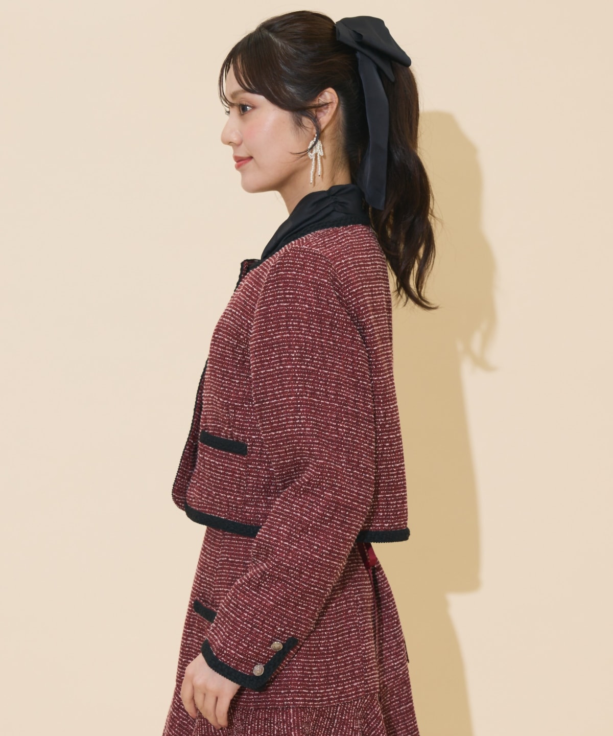 ブレードデザインノーカラーツイードジャケット