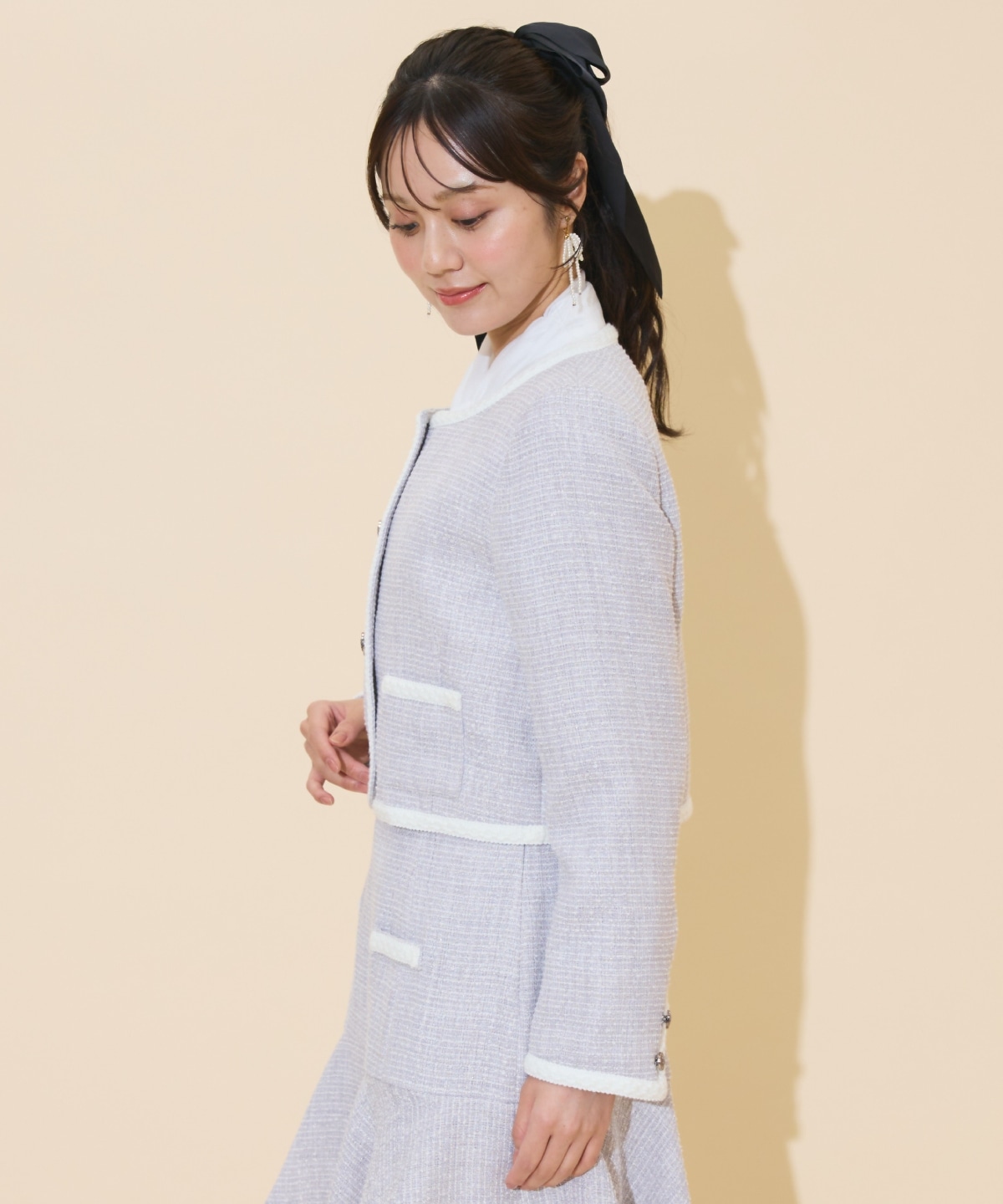 ブレードデザインノーカラーツイードジャケット