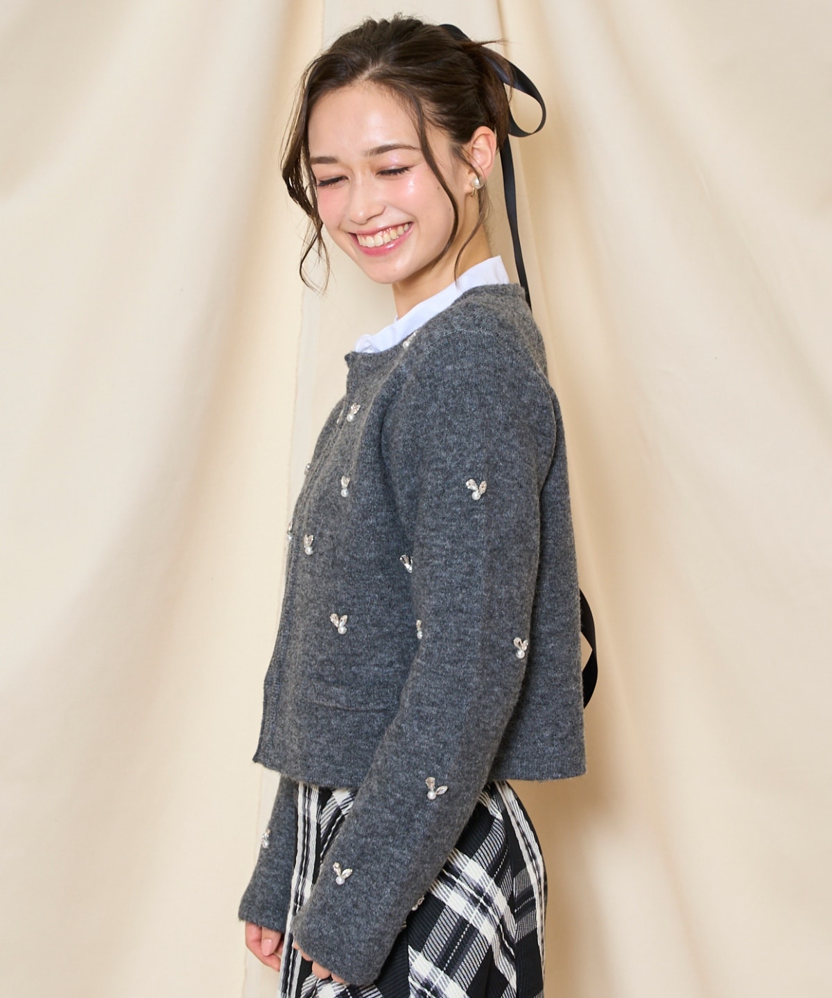 ノーカラービジューニットジャケット