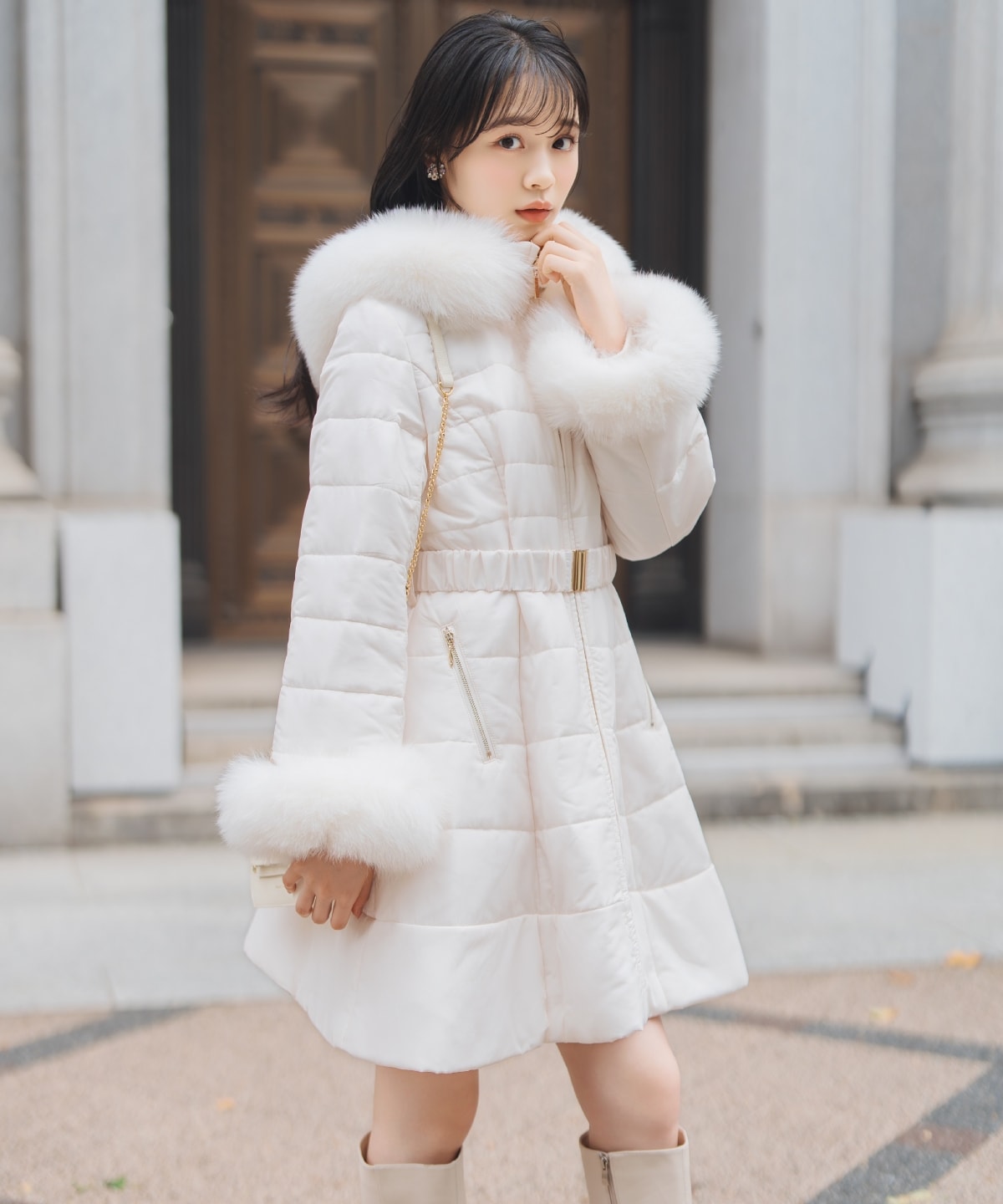 フォックスファーキルティングフレアコート