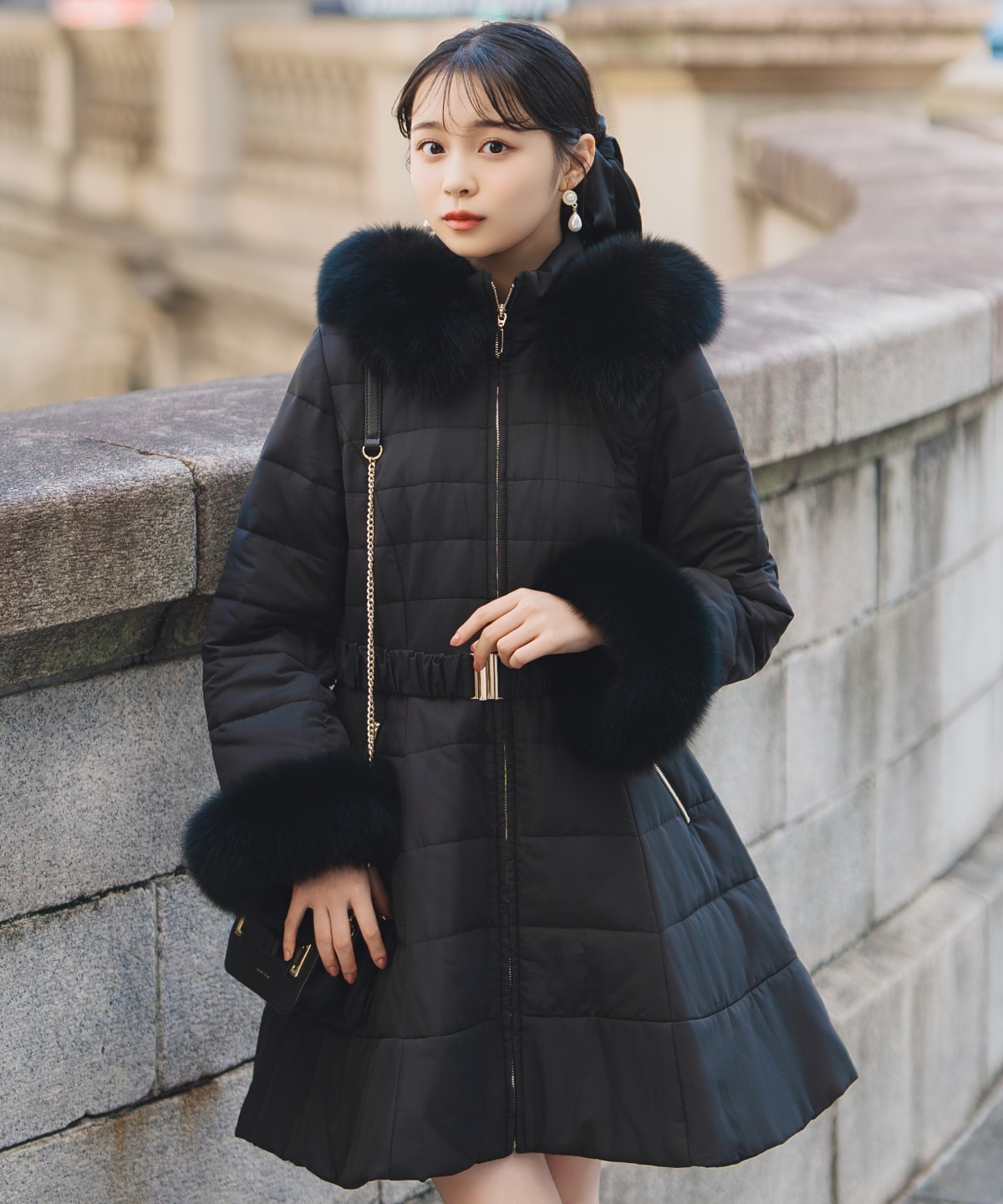 フォックスファーキルティングフレアコート