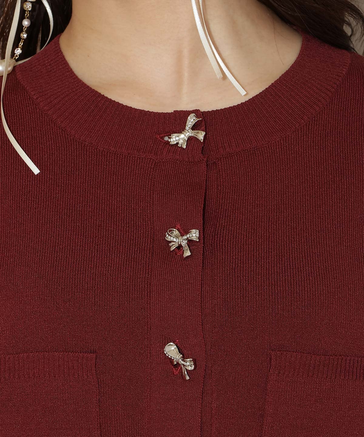 ビジューリボンタックスリーブカーディガン