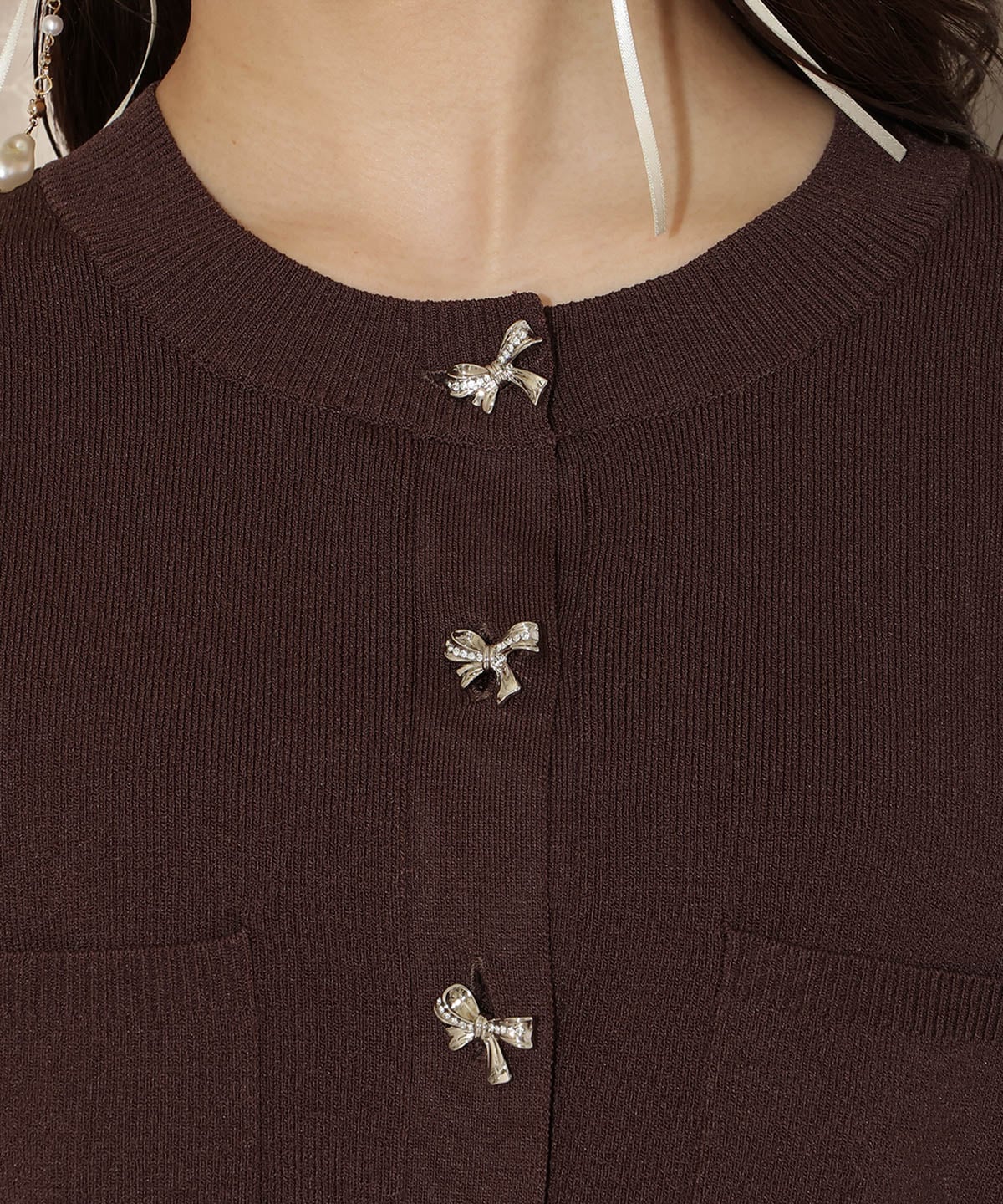 ビジューリボンタックスリーブカーディガン