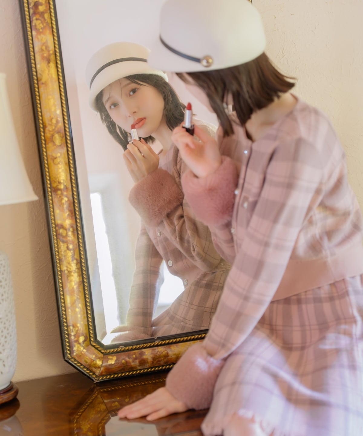 【新色追加】チェック柄ファーカフスカーディガン