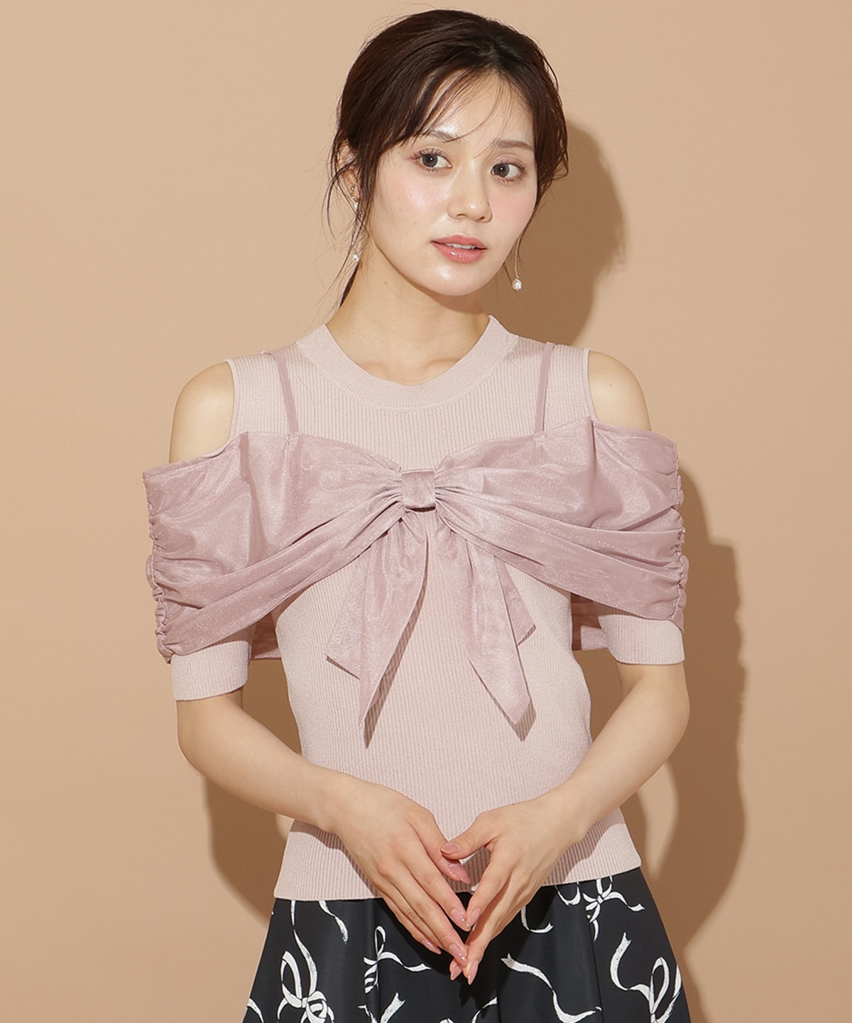チュールオフショルリブニット