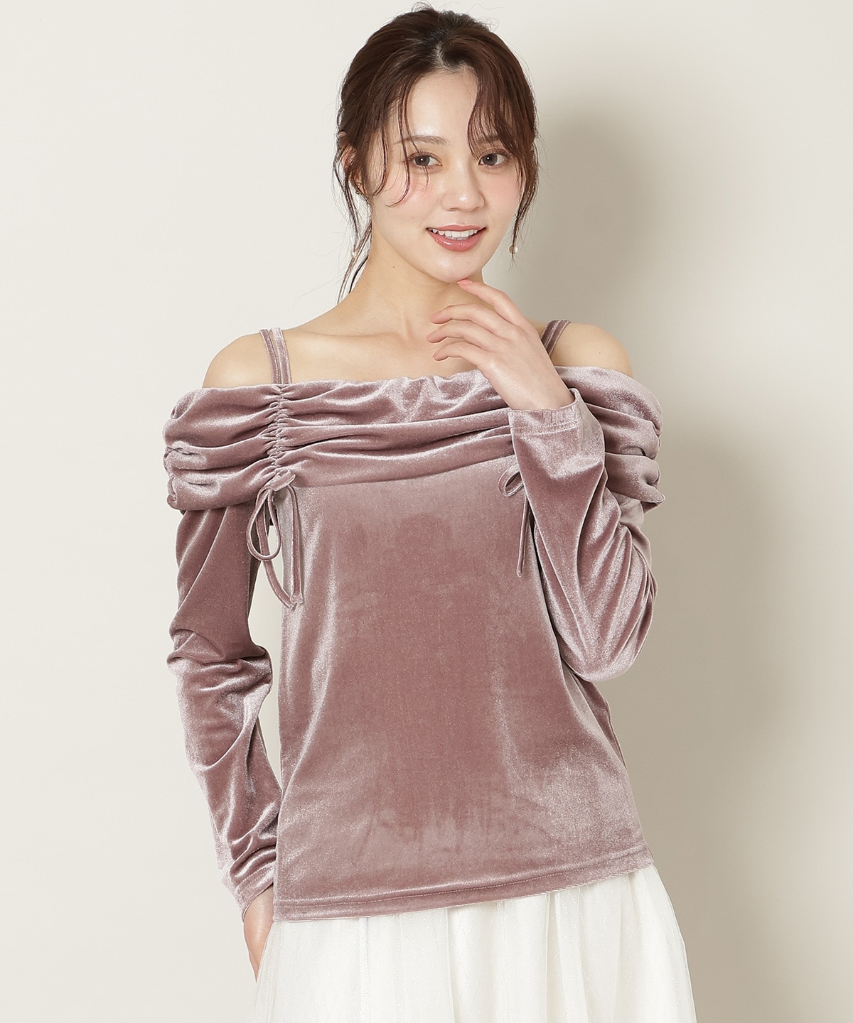 ギャザーオフショルベロアトップス