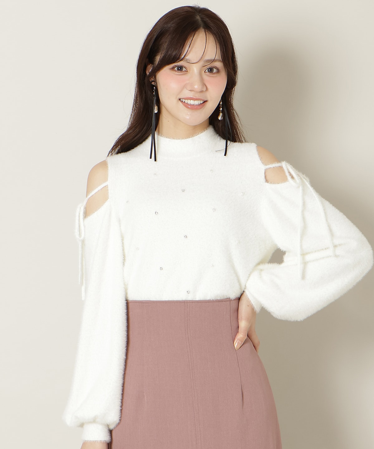 パールビジューフェザーニットトップス