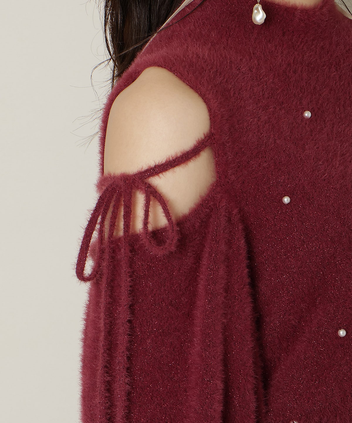 パールビジューフェザーニットトップス