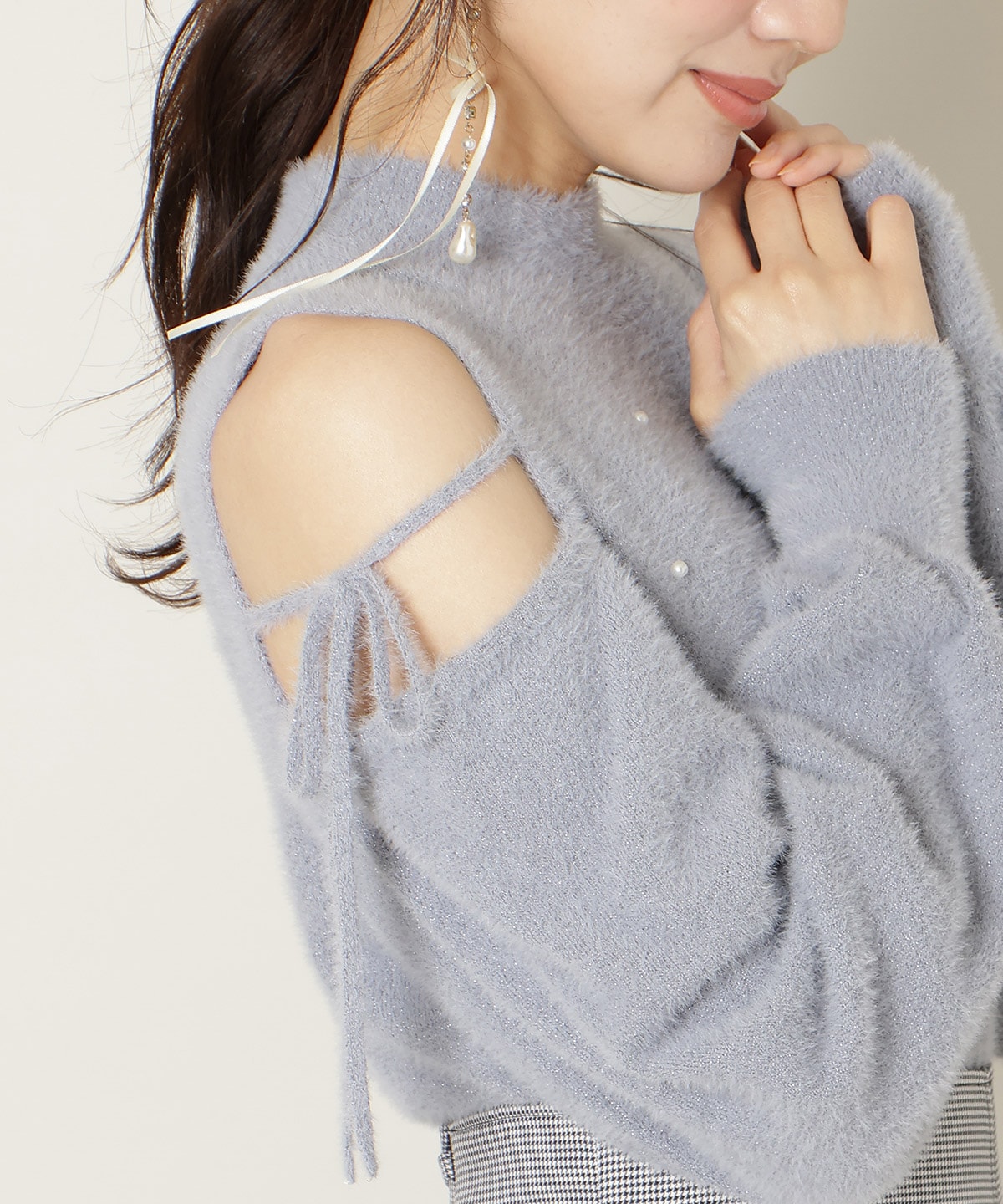 パールビジューフェザーニットトップス