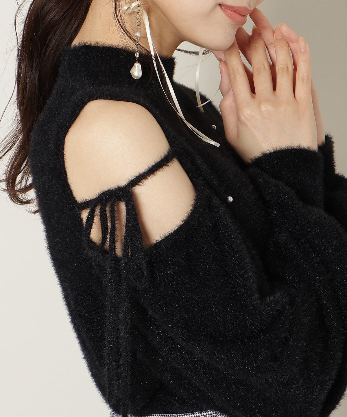 パールビジューフェザーニットトップス