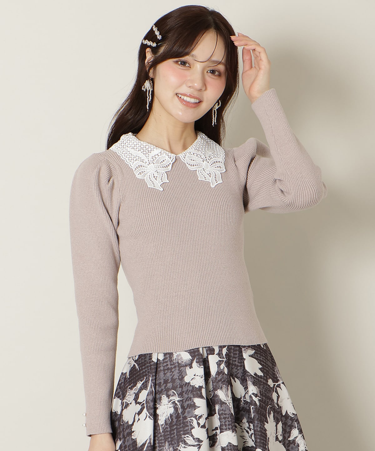 リボンレースカラータックスリーブニット