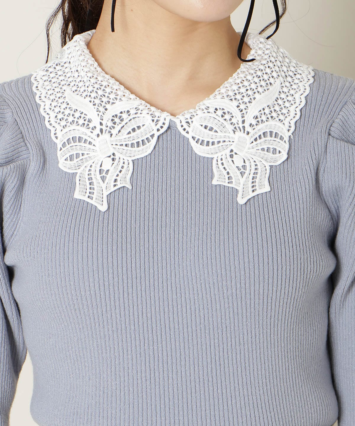 リボンレースカラータックスリーブニット