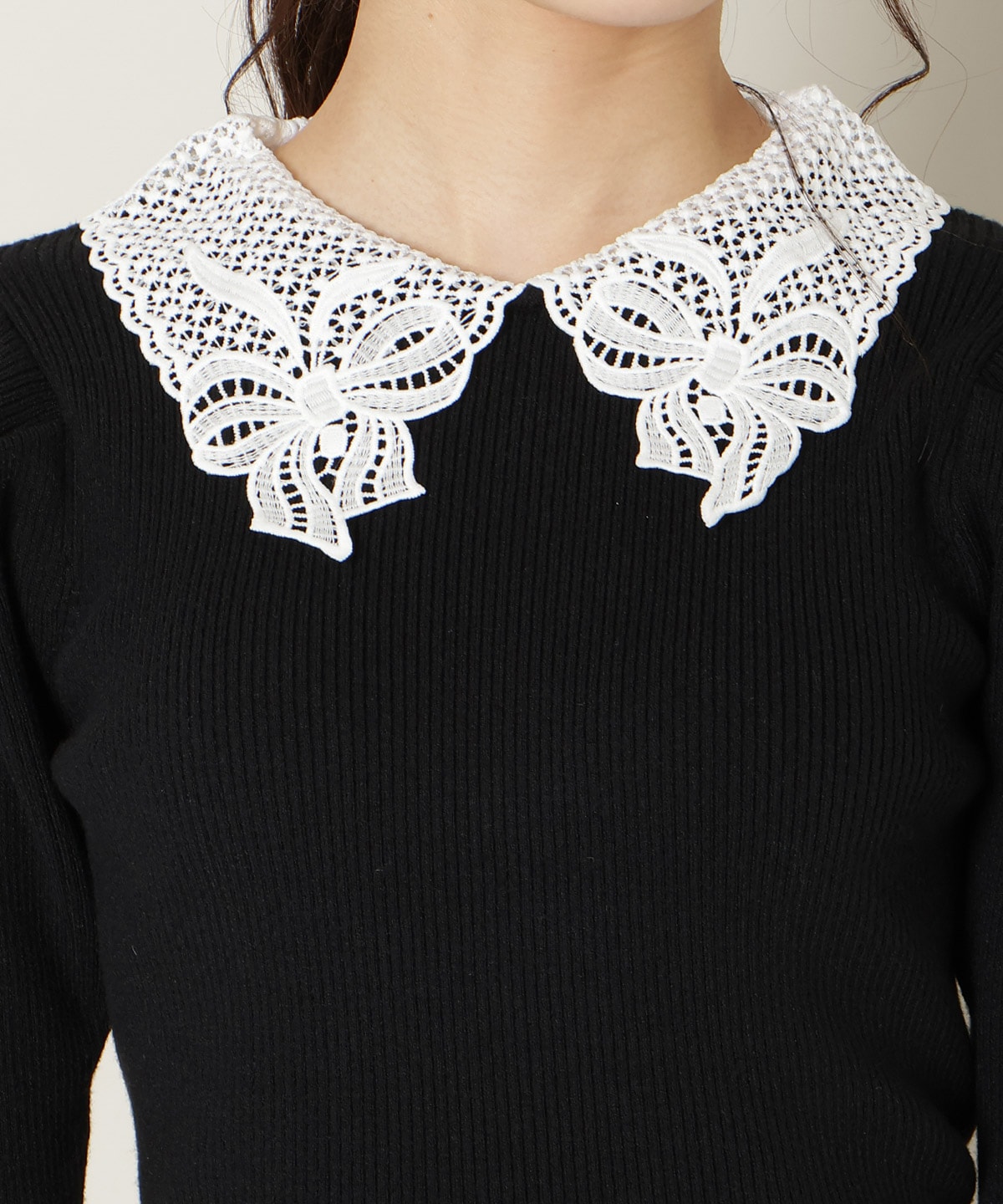 リボンレースカラータックスリーブニット