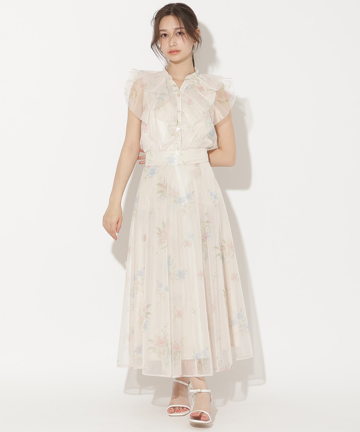 フラワーメッシュラッフルブラウス