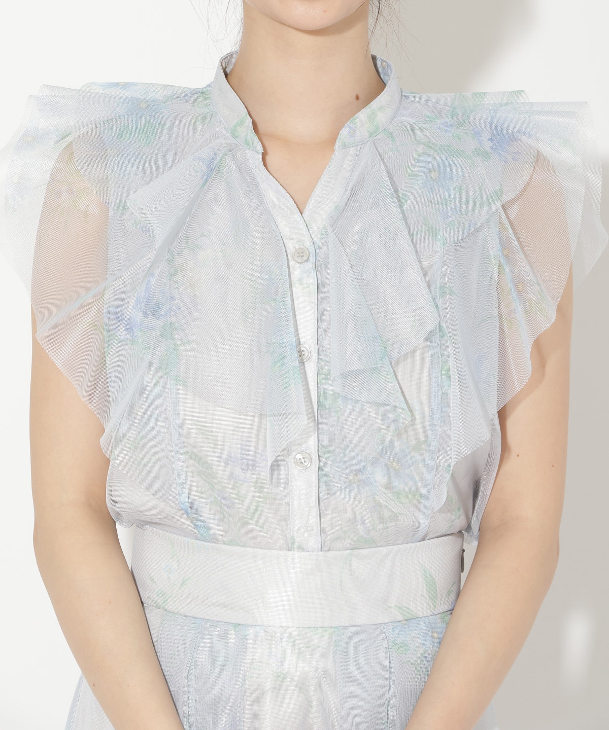 フラワーメッシュラッフルブラウス