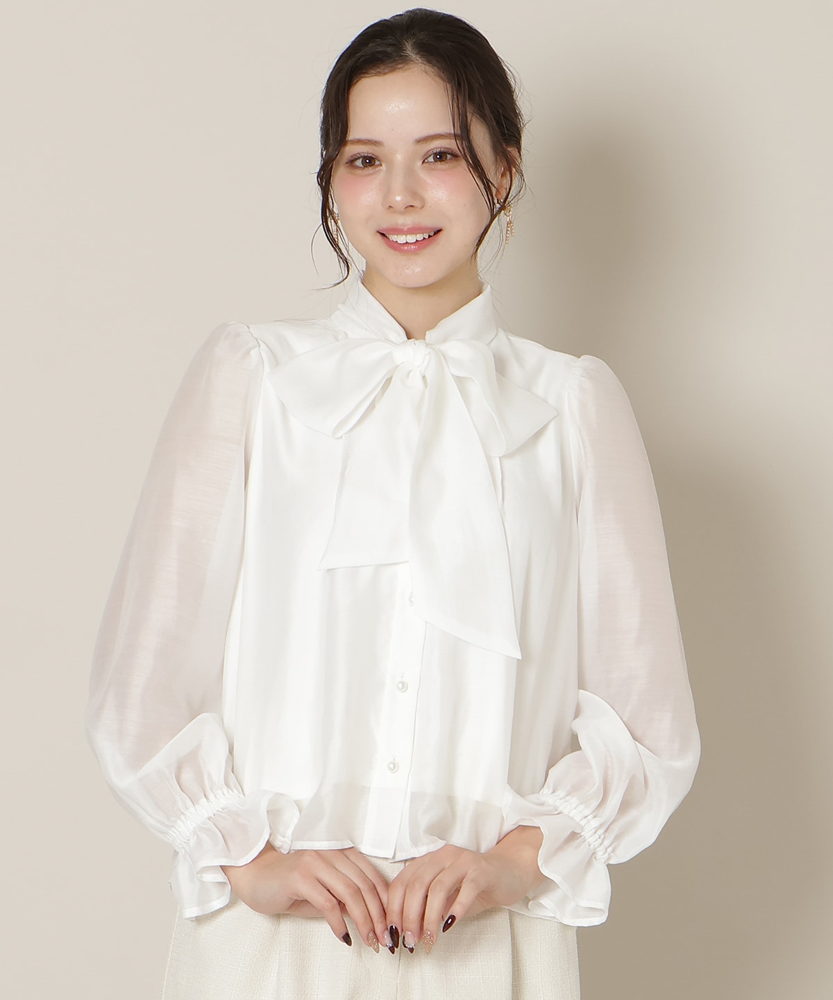 【Coming Soon】フリルスリーブシアーボウタイブラウス