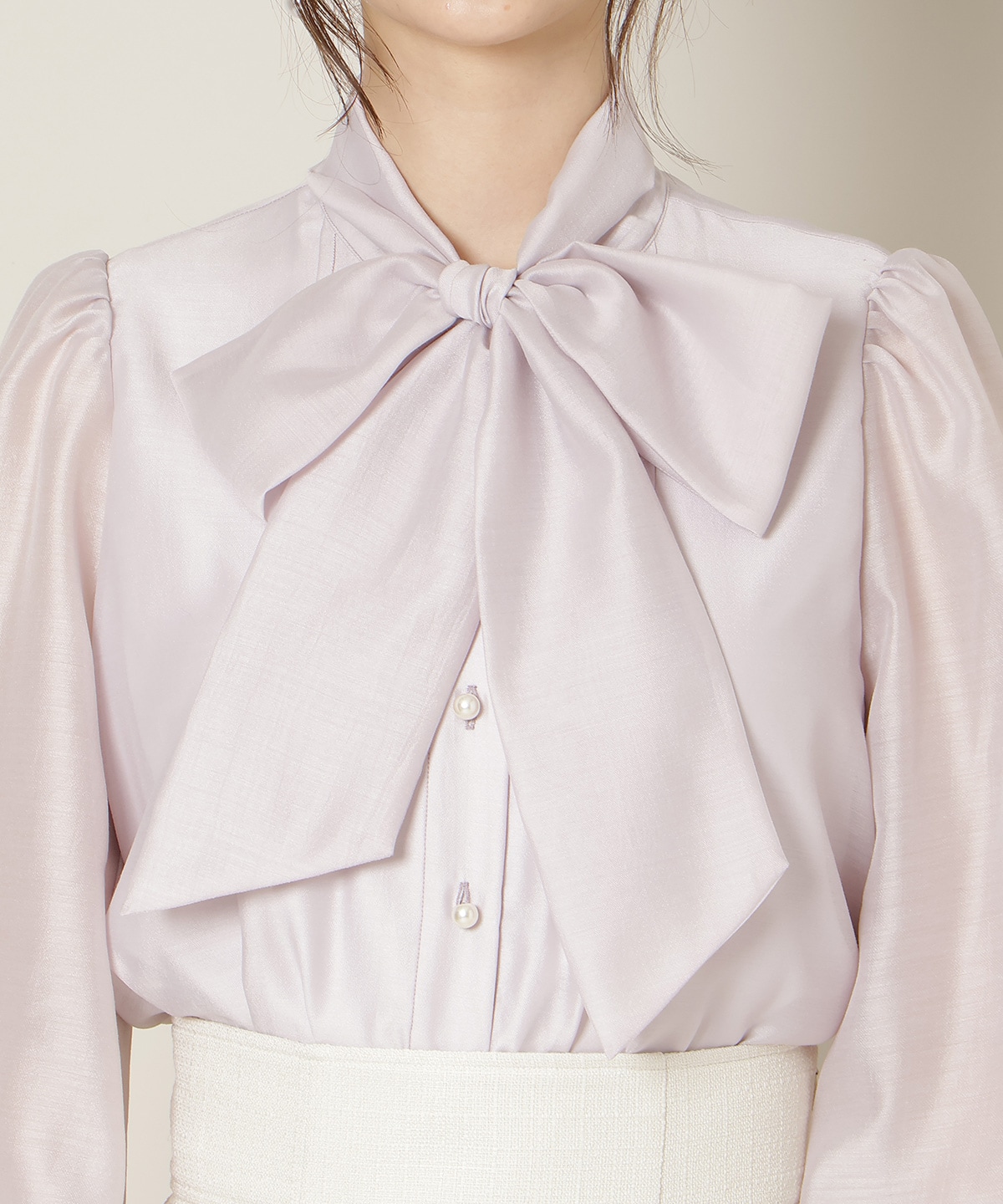 フリルスリーブシアーボウタイブラウス