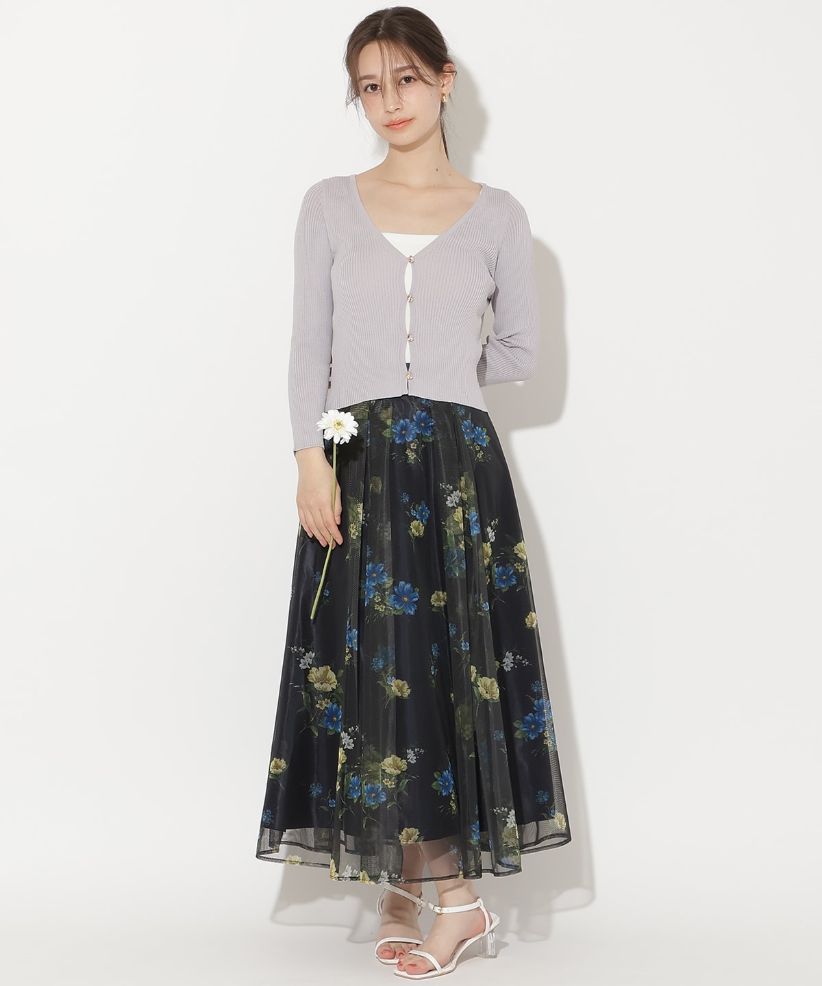 フラワーメッシュタックフレアスカート