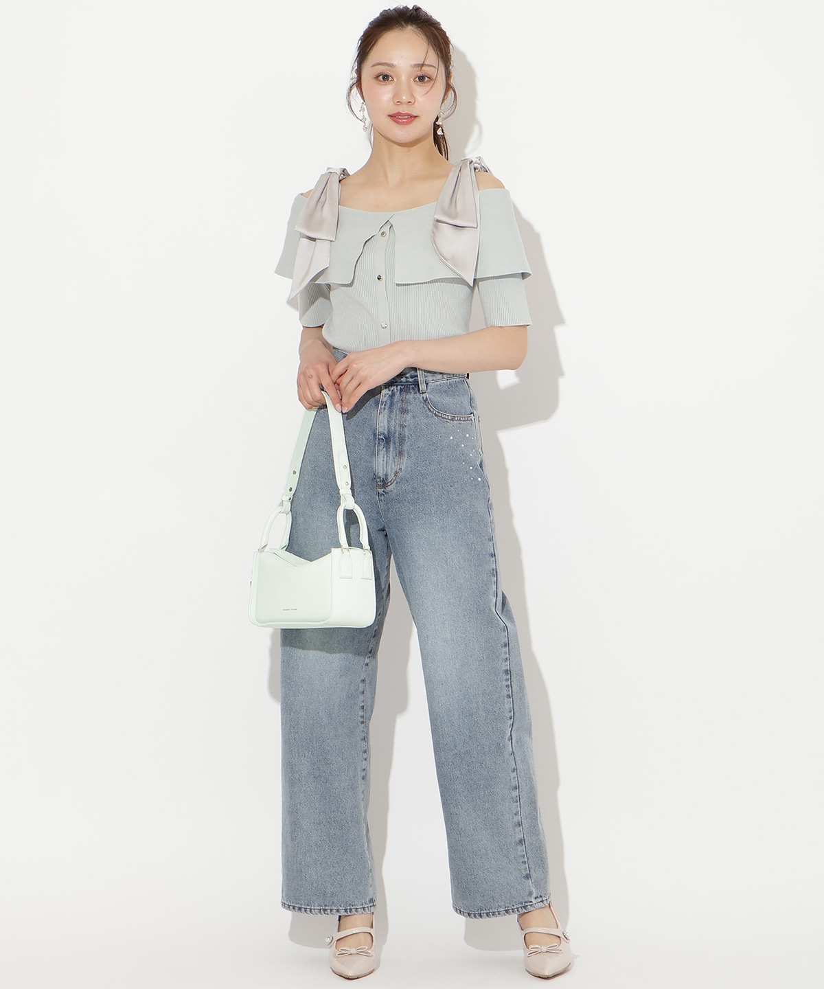 ビジューポケットワイドデニムパンツ