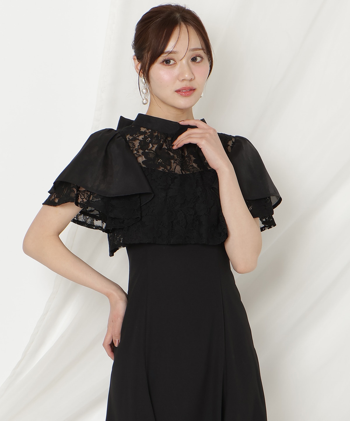 バックリボンシフォンレースブラウス×フレアロングキャミワンピース