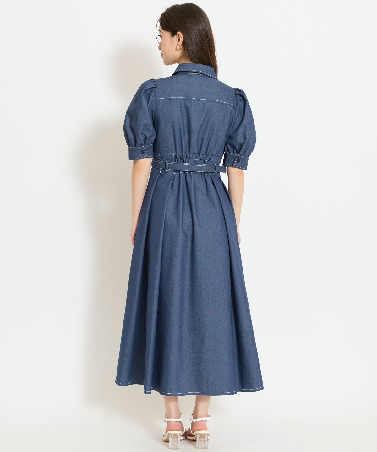 ベルト付きタックスリーブフレアワンピース