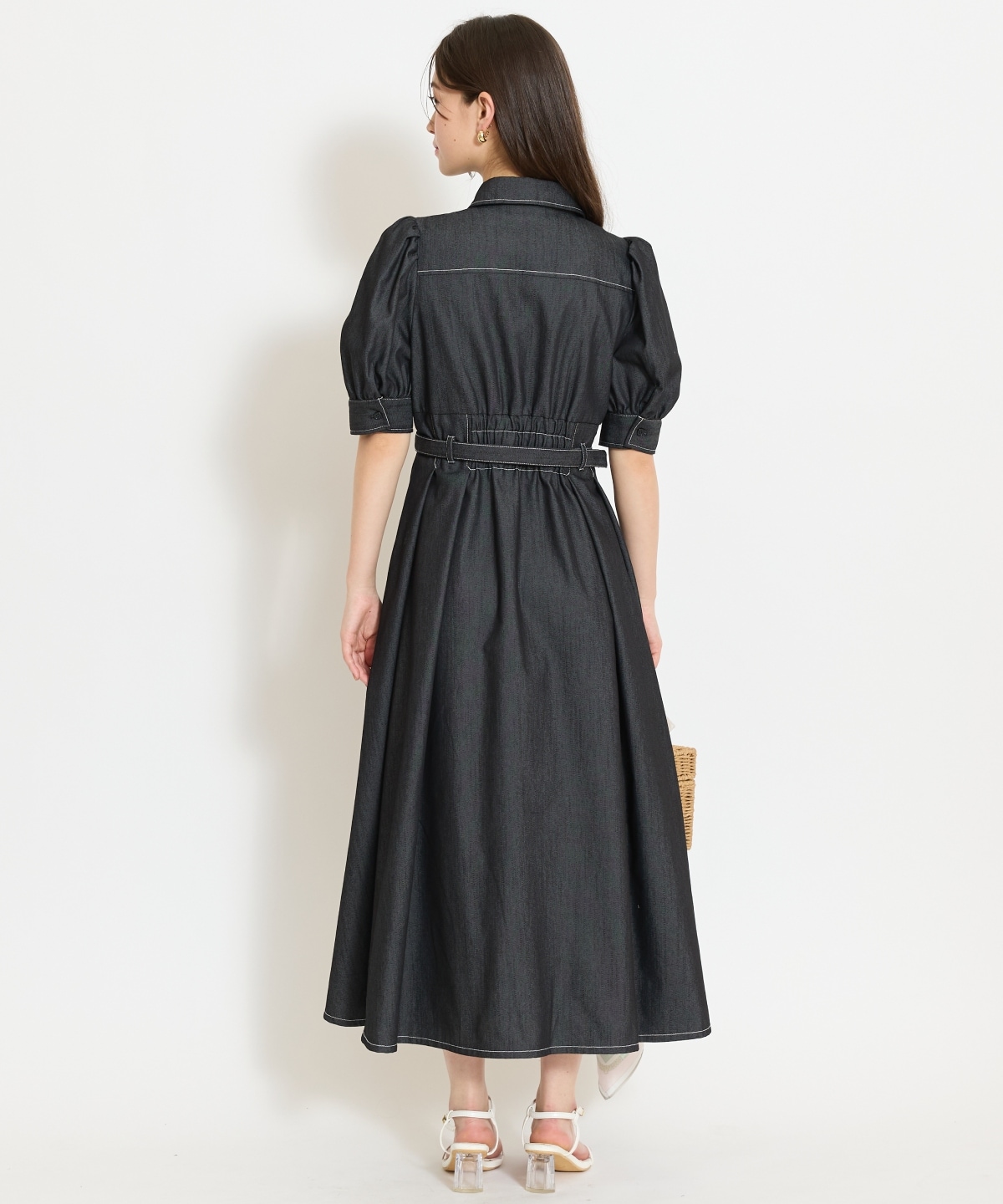 ベルト付きタックスリーブフレアワンピース