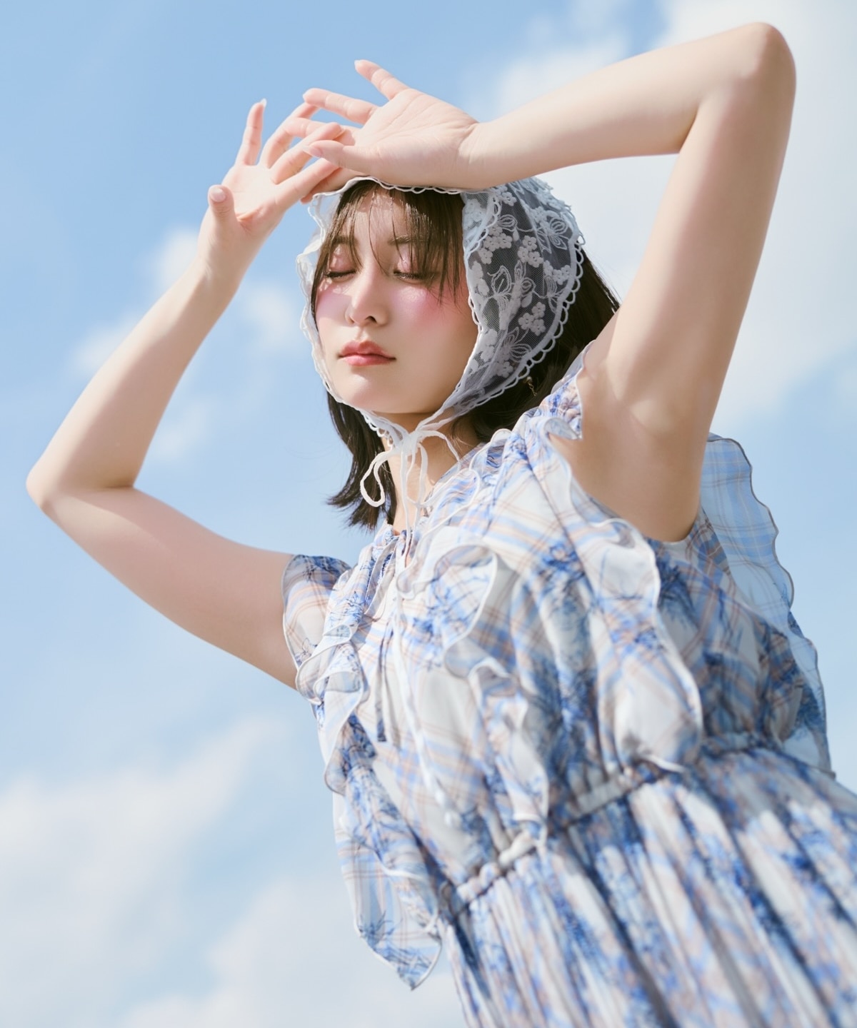 フラワーチェックプリントプリーツ切替ワンピース