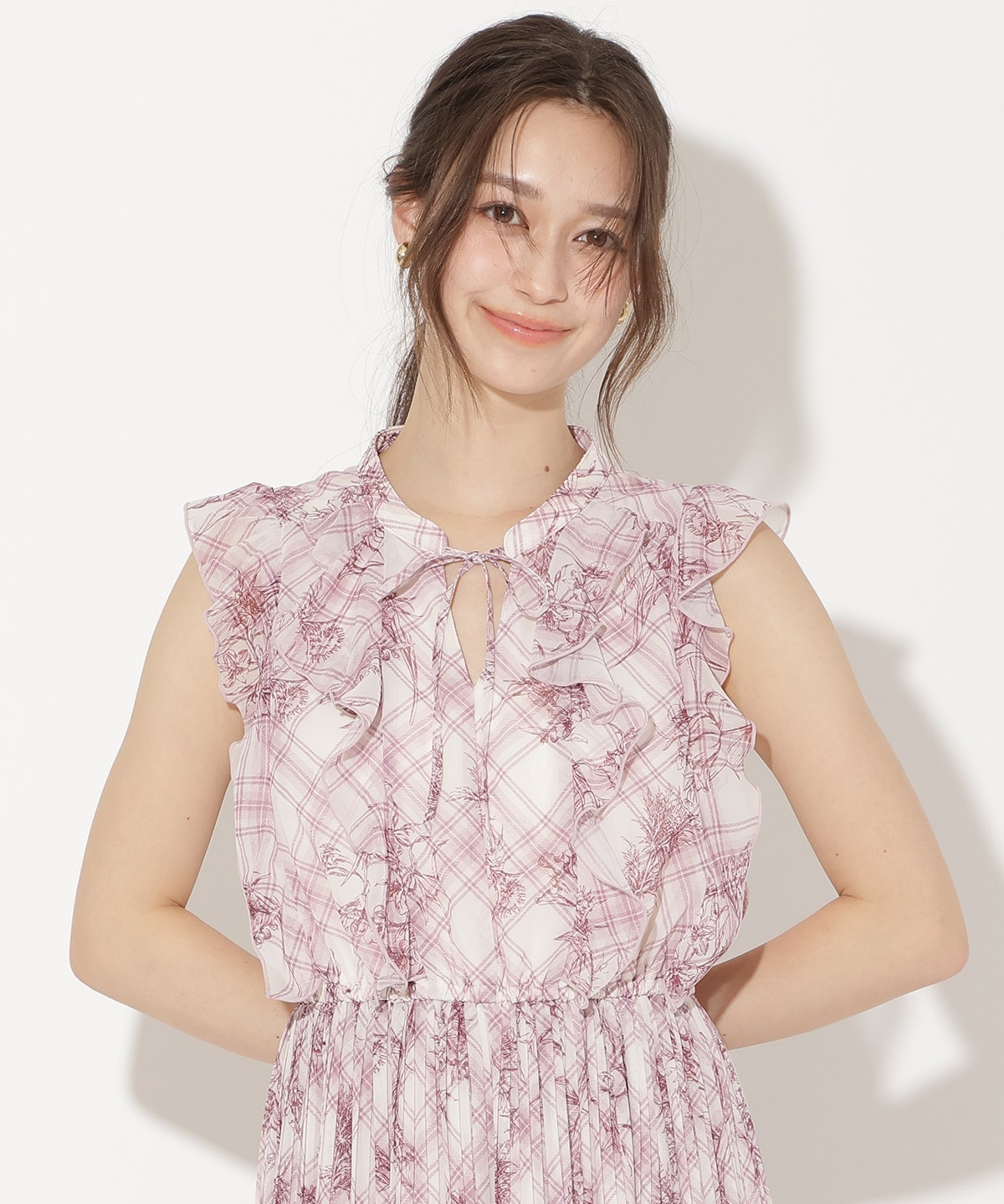 フラワーチェックプリントプリーツ切替ワンピース