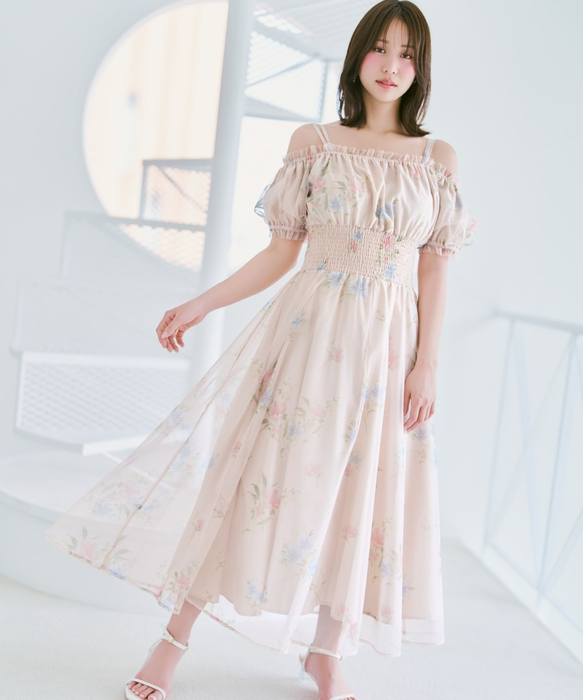 フラワーメッシュオフショルワンピース