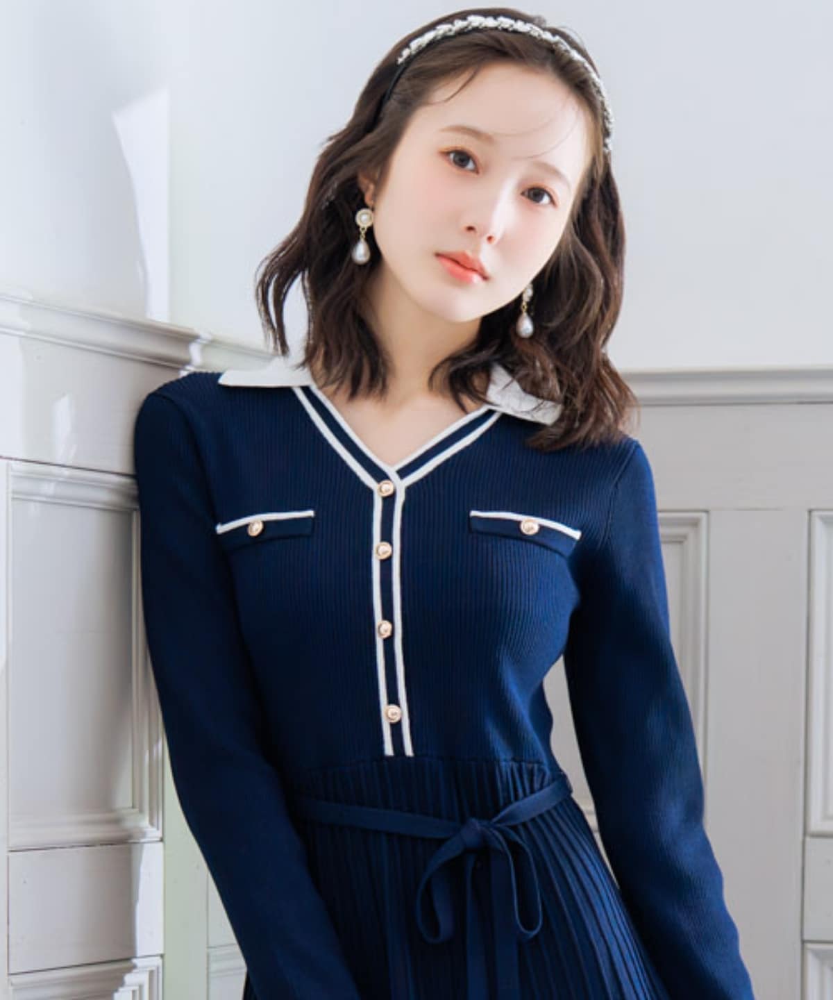 バイカラープリーツニットワンピース