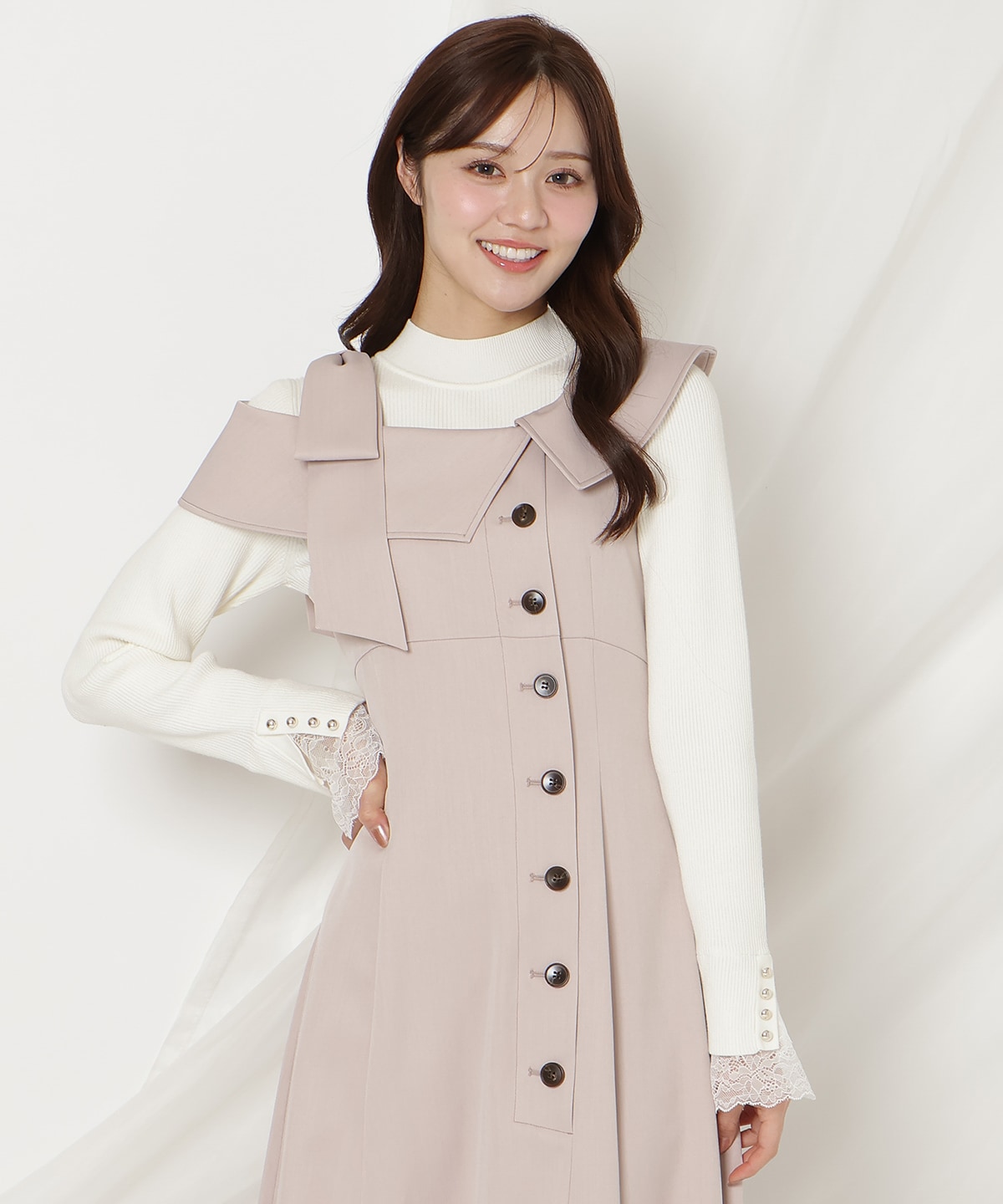 アシンメトリーリボンショルダーワンピース